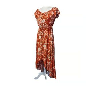 Abel the Label Rustica Floral Orange Hi-Low Midi Off Shoulder Dress- XS